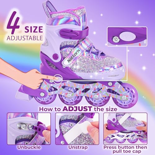 Nattork Adjustable Inline Skates for Girls - Dream Purple, Light Up Wheels, Size 1-4