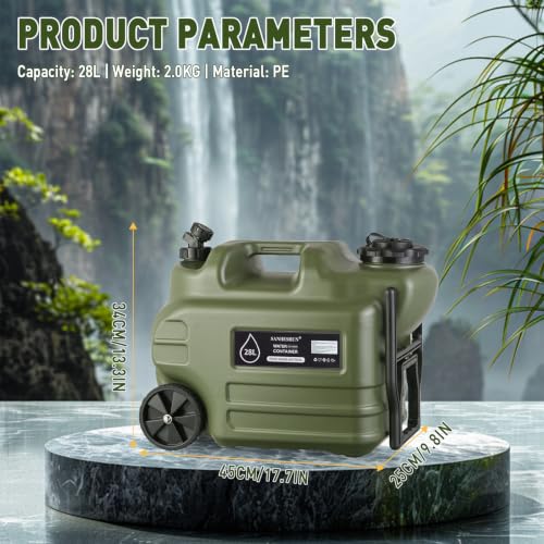 Sanheshun 7.4 Gallon (28L) Portable Water Jug with Wheels & Handle - Green, Leak-Proof Outdoor Water Container
