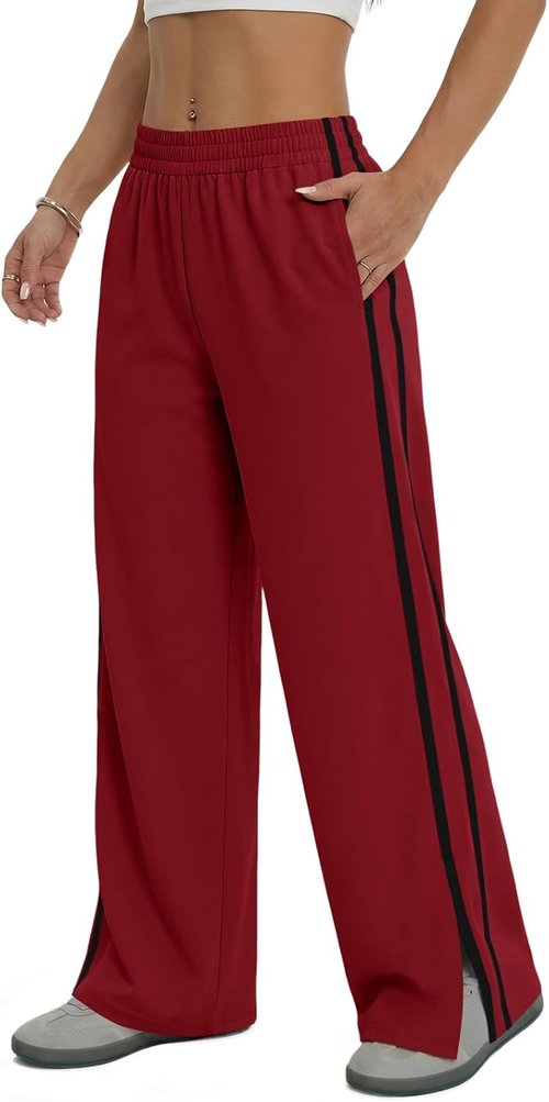Fisoew Women's Wide Leg Pants - Casual Baggy Sweatpants with Elastic Waist & Side Slit | Pockets Included
