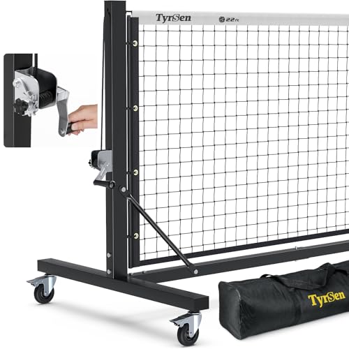 TYRSEN Pro 22ft Pickleball Net with Hand Crank Tension System, Black & White, Heavy-Duty Frame, Portable for Indoor/Outdoor Courts