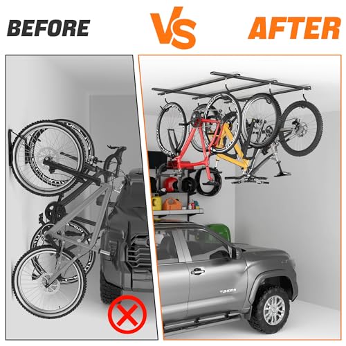 TORACK Ceiling Bike Rack for Garage - 3 Bikes Horizontal, Adjustable Overhead Bicycle Storage Hooks