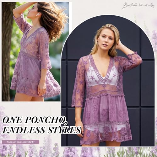 Purple Cuffbow Boho Lace V-Neck Bathing Suit Cover Up for Women