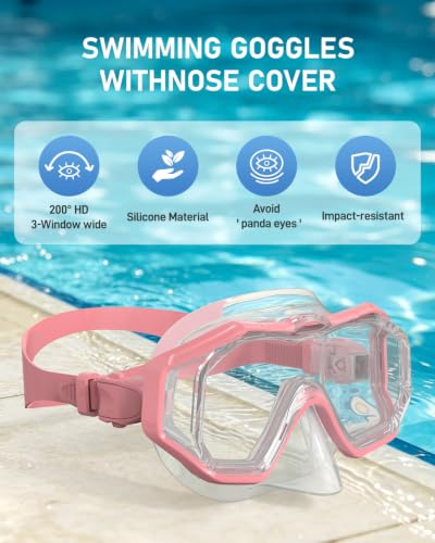 WSTOO Swim Goggles with Nose Cover for Ages 5-12, Youth & Adults, Pink, Large
