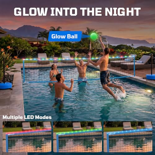 Blue LED Pool Volleyball Net Set with Glow Water Balls, Adjustable 15-32FT
