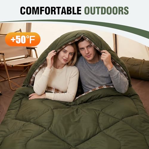 Olive Green Cotton Flannel Double Sleeping Bag for Adults & Couples - 3-Season Comfort