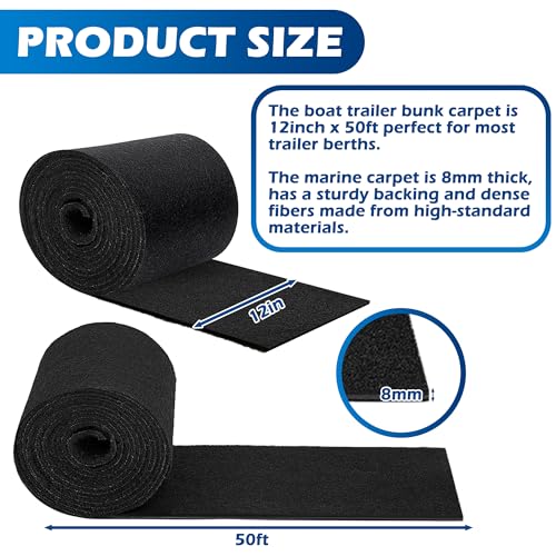 Black 50FT x 12in Marine Boat Trailer Bunk Carpet - Extra Thick 25oz Waterproof UV-Resistant
