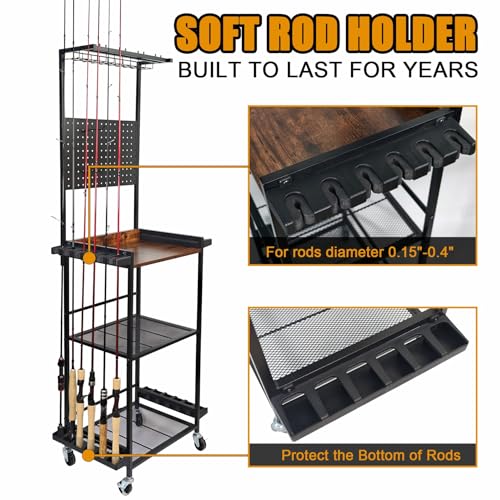 Heavy Duty 3-Tier Fishing Rod Storage Rack with Pegboard and Hooks
