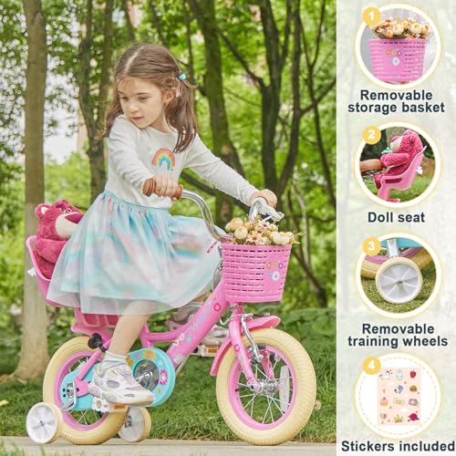 Pink 14 Inch Princess Kids Bike with Doll Seat & Basket - Girls Bicycle for 3-5 Years