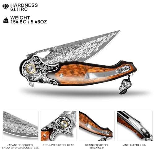 Damascus Steel Folding Pocket Knife with Leather Sheath - Outdoor EDC Tool