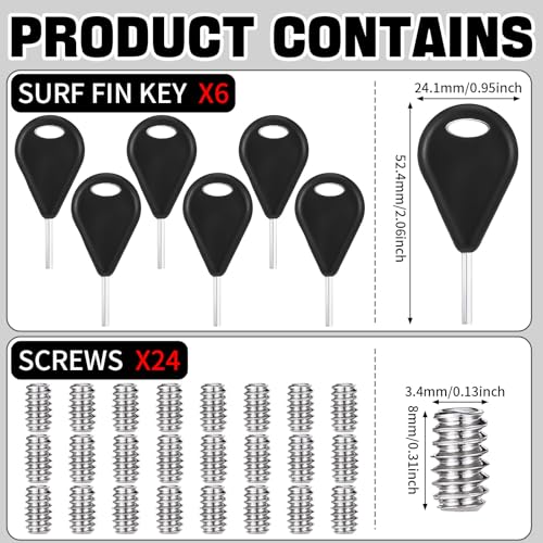 Surfboard Fin Key Set with 6 Fins & 24 Stainless Steel Screws - Black