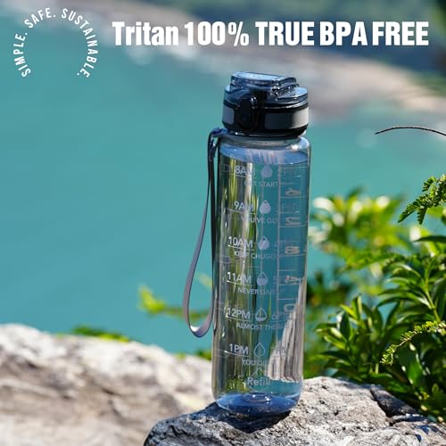 Oldley 32oz Motivational Water Bottle with Time Marker - Smoke Grey