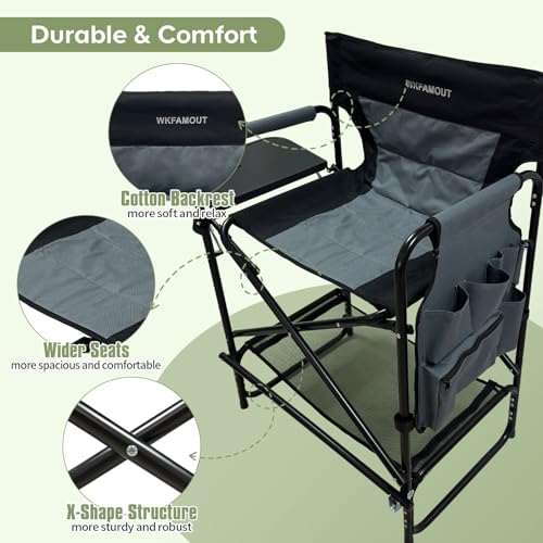 WKFAMOUT 27-Inch Tall Oversized Folding Camping Chair with Side Table, Heavy Duty Support 330LBS, Black/Grey, Seat Height 27"