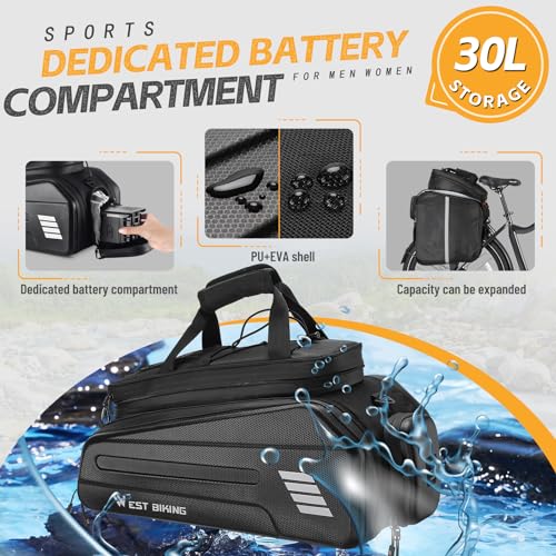 Electric Bicycle Rear Rack Bag 30L Hard Shell Waterproof Pannier for E-Bike