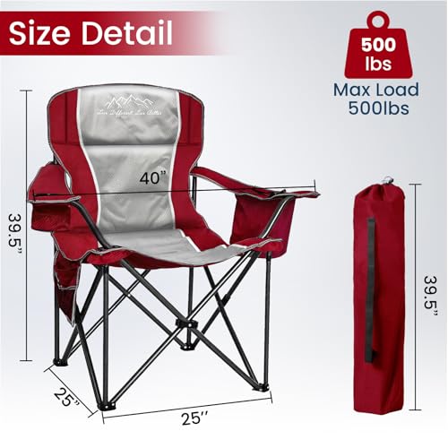 Red Oversized Camping Chair 500lbs Heavy Duty Padded Outdoor Seat with Lumbar Support