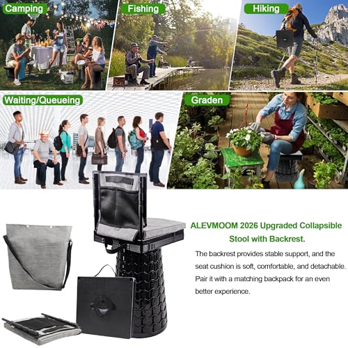 Portable Collapsible Stool with Backrest & Cushion - Black, 31.5x31.5x50cm, Heavy Duty 1000lbs