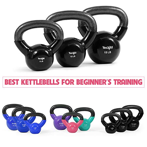 Vinyl Kettlebell Set 5 10 15 lbs - Durable Flat Bottom Workout Weights