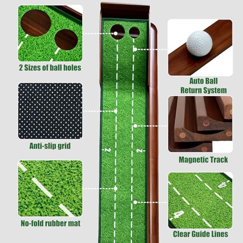 Indoor Golf Putting Mat with Auto Ball Return & Wood Base - Practice Aid