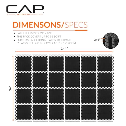 CAP Diamond Black Interlocking Foam Gym Floor Tiles - 24 Pack, 3/4" Thick EVA Mats