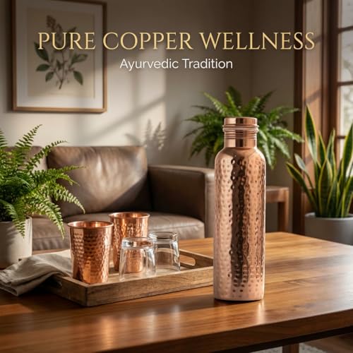 Pure Copper Water Bottle 34 Oz with Cleaning Brush & Bag - Handcrafted Hammered Finish