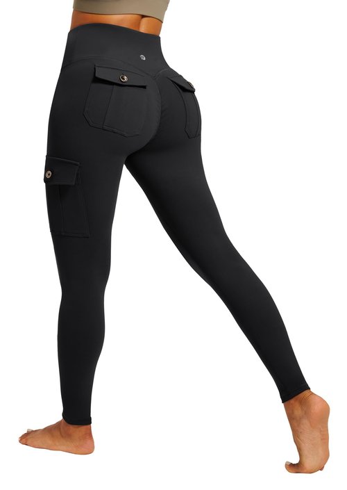 IUGA Butt Lifting Leggings for Women High Waisted Workout Cargo Leggings with Pockets Gym Yoga Pants Tummy Control Black