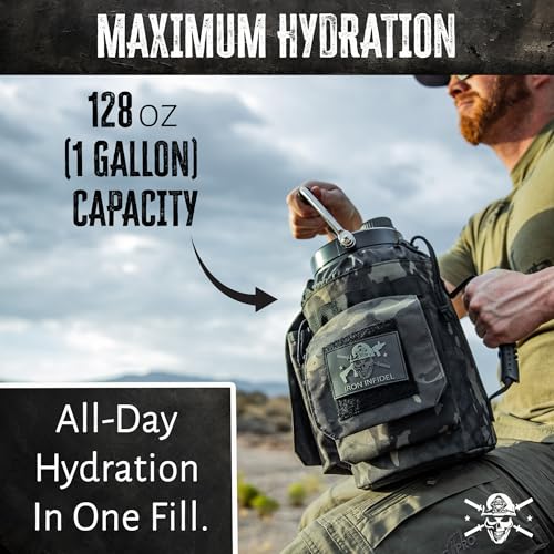 Iron Infidel 128oz Insulated Water Bottle with Camo Sleeve & Dual Handles - Tactical Hydration Jug