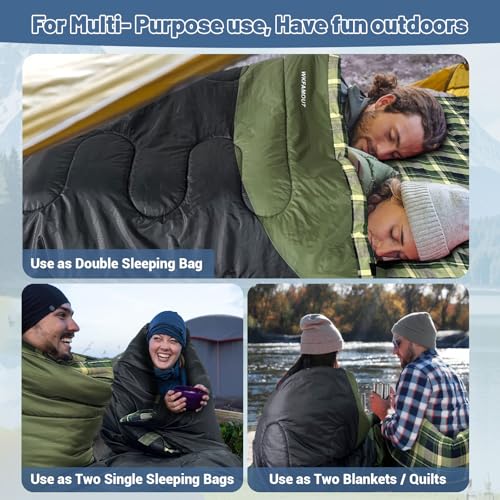 WKFAMOUT Olive Flannel Double Sleeping Bag for Adults, 2 Person Waterproof Queen Size, 3-4 Seasons Camping Bed with Compression Sack
