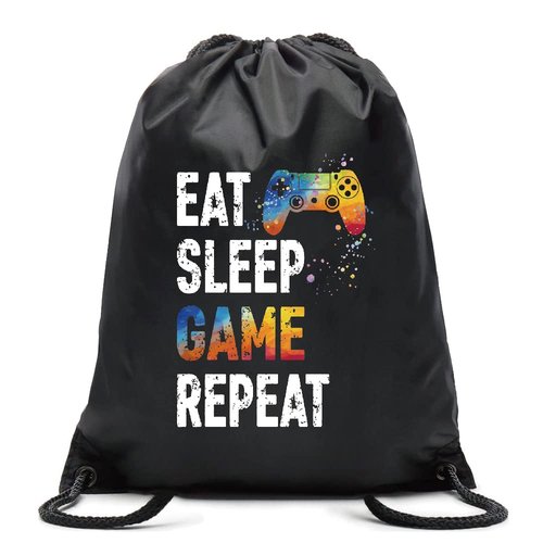 Pishovi Eat Sleep Game Repeat Drawstring Waterproof Backpack, Sports Bag for Men & Women, Player Gifts for Game Lovers