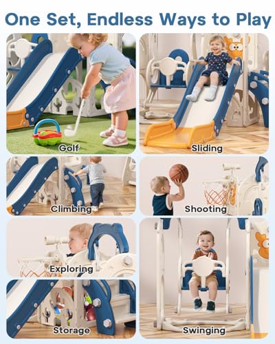 Toddler Slide and Swing Set 7-in-1 Indoor Outdoor Playset - Blue & Yellow