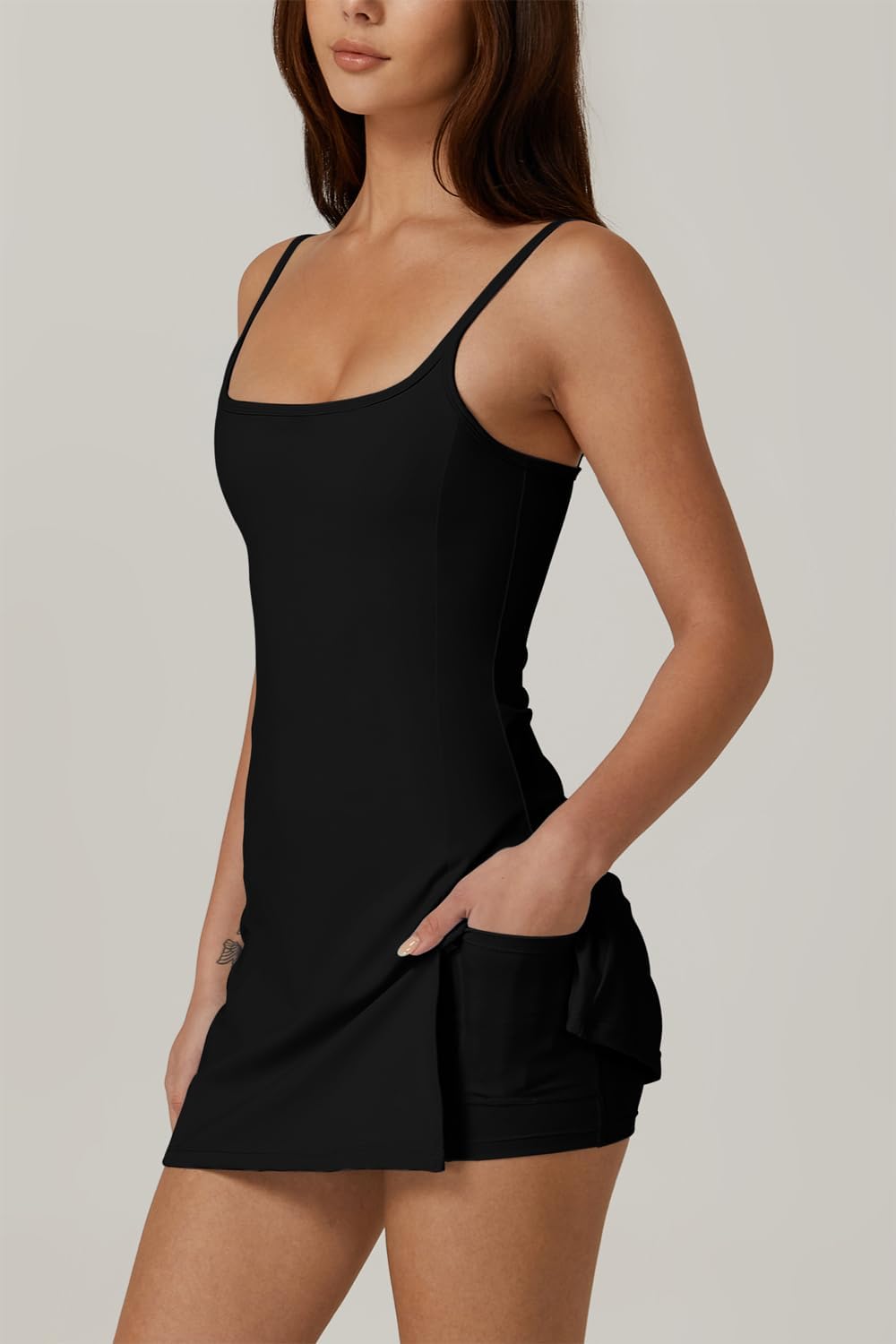 QINSEN Women's Spaghetti Strap Tennis Dress - Comfortable Workout Dress with Shorts & Side Slit