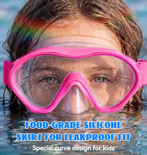 Kids Swim Goggles with Nose Cover - Blue & Rose Red 2 Pack, Anti-Fog, No Leak, 180° View