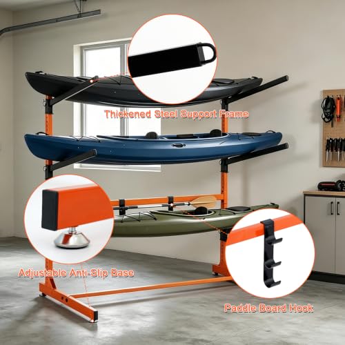 3-Level Freestanding Kayak Storage Rack - No Drilling, Upright Boat Organizer