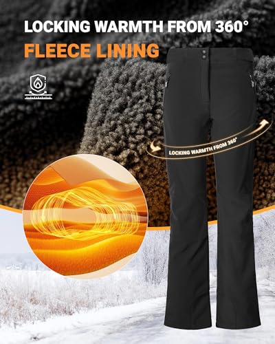 Women's Waterproof Fleece-Lined Ski Snow Hiking Pants - Black, 10 Short, Elastic Waistband