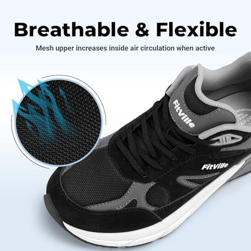 FitVille Wide Walking Shoes for Men - Extra Wide Sneakers with Arch Support, Heel Pain Relief & Plantar Fasciitis - Black & Slate Grey, 13 XX-Wide