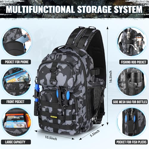 Fishing Backpack with Floating Landing Net & Tackle Bag - Black Camo