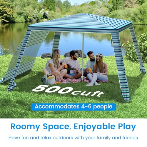 MoKo Blue-Green Stripe 8x8ft Beach Canopy with Side Wall, UPF 50+ Sun Shelter, Wind-Resistant Sun Tent for Family