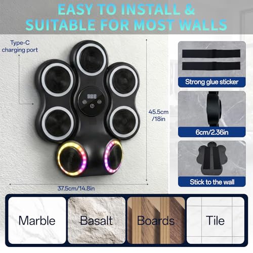 Music Boxing Machine for Kids & Adults, Wall-Mounted Interactive Punching Target with RGB Lights and Bluetooth, 11 Modes & 9 Speeds