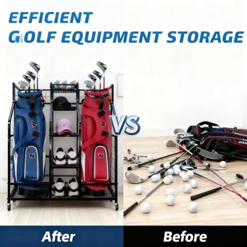 Heavy Duty Steel Golf Bag Storage Rack with Wheels & Accessories Shelf