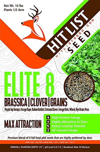 Hit List Seed Elite 8 Fall Deer Food Plot Seeds 1/2 Acre Mix - Turnip, Radish, Brassica, Clover, Wheat, Rye, Oats, Peas
