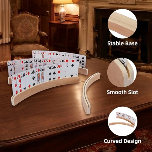 Playing Card Holders Set of 4 - Wooden Curved Card Deck Racks for Kids Adults Seniors - Standard One Slot
