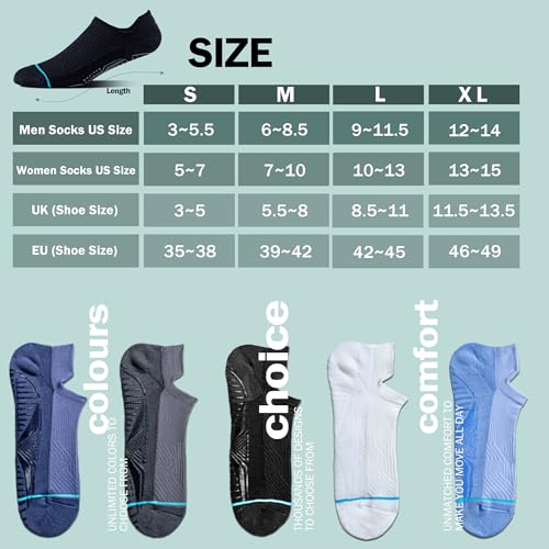 BRISIRA Bamboo Viscose Non Slip Pilates Socks Men Women No Show Grip Compression Thick Cushion - 3 Pairs, Black, Large