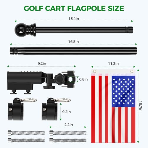 10L0L 2 Pack Golf Cart Flag Holder Kit with Embroidered USA Flags & Black Stainless Poles
