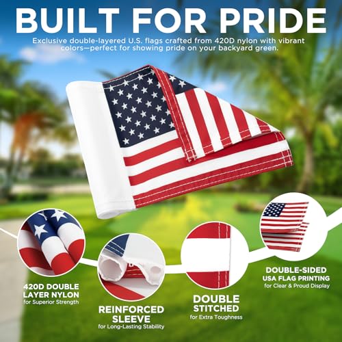 Yellow US Flag Golf Flagstick Set with Ball Retriever & Hole Cups - 3 Pack