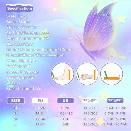 Nattork Kids Adjustable Purple Roller Skates for Girls & Boys with Light-Up Wheels, Butterfly Design, 4 Sizes