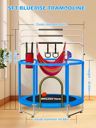 Blue 6-in-1 60-Inch Indoor & Outdoor Kids Trampoline with Enclosure, Safety Net & Accessories