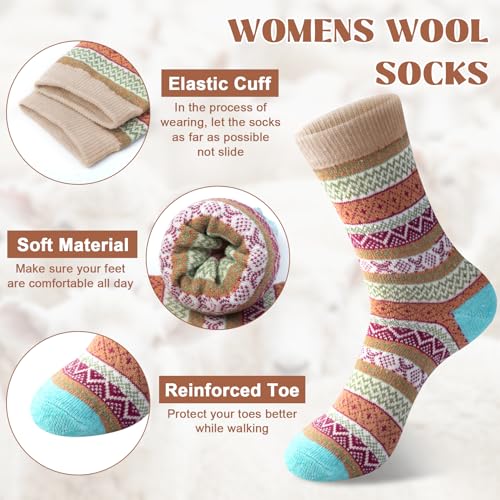 Justay Wool Socks for Women - Soft Warm Winter Gift Pack, One Size Beige Blue Orange Brown Green