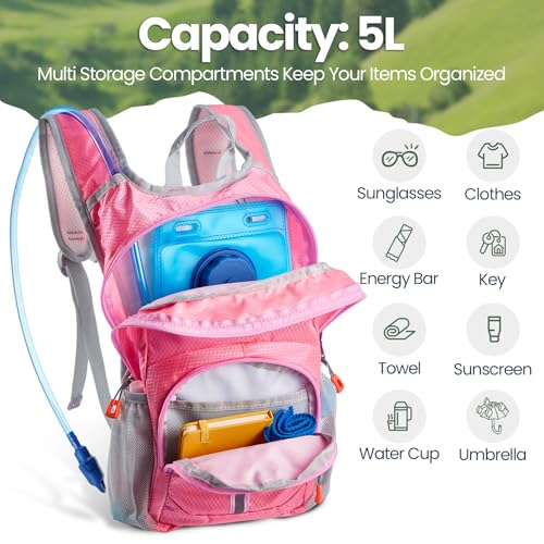 Kids Hydration Backpack Set with 1.5L Water Bladder - Lightweight, Insulated, Pink/Purple/Cyan