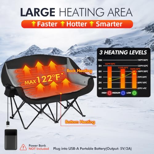 PUVASIA Heated Double Camping Chair Loveseat Black with Independent 3-Level Heating