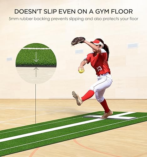 Green Softball Pitching Mat with Rubber Pitching Mound for Pitchers Practice - Regulation Size 10x3 ft