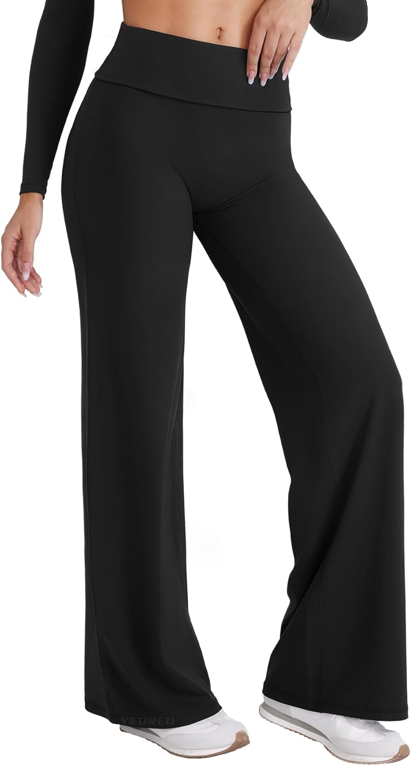 YEOREO VitaWeave Straight Leg Leggings - Women's Fold Over Wide Leg Pants | 31.5" Casual Gym Wear