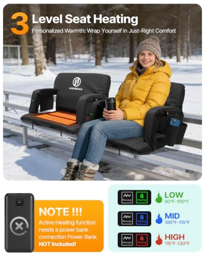 25 Inch Black Heated Stadium Seat with Back Massage & Adjustable Recline - Portable Bleacher Chair